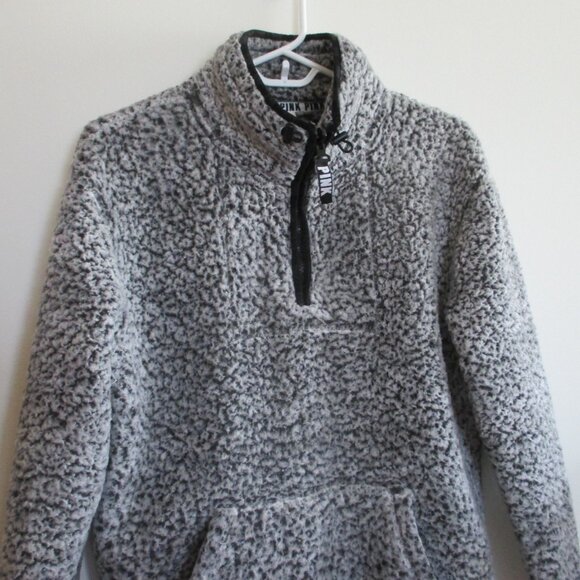 VS Pink Teddy Bear Fleece Gray Black Sherpa 1/4 Zip Pullover Women's Size XS - Picture 5 of 9